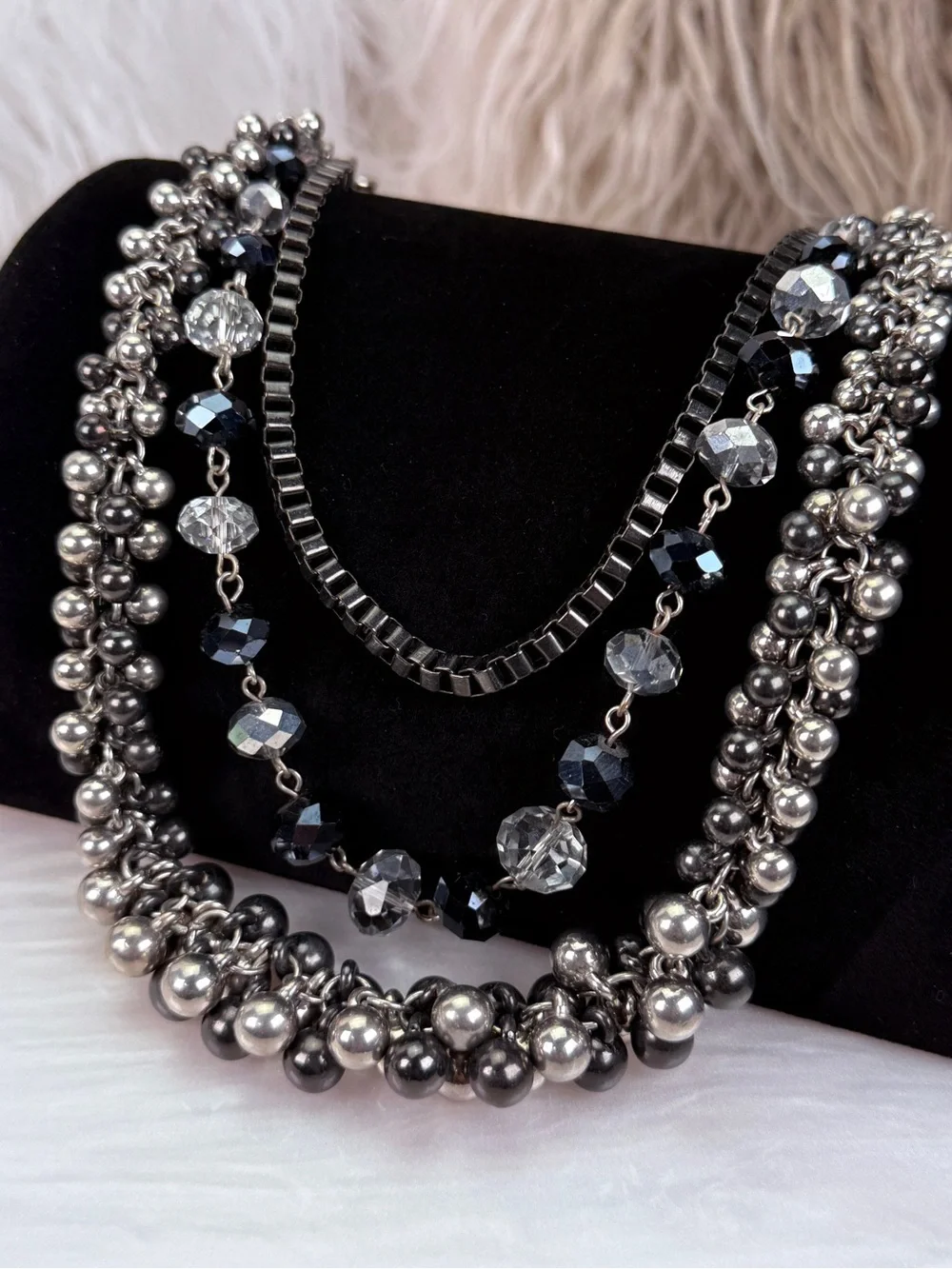Beautiful, 3 strand, multi chain, black gunmetal beaded costume draping necklace